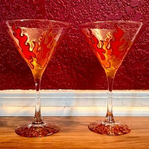 One Of A Kind FLAMING Martini Glasses (2) From San Francisco 🔥